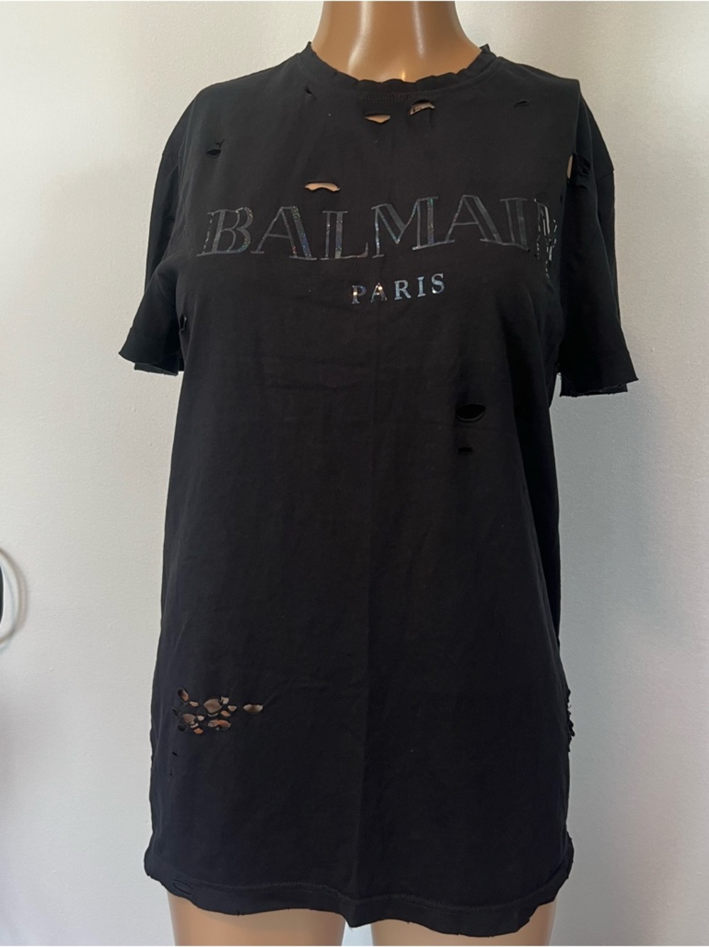 Balmain Black Distressed Logo Short-Sleeve Tee size small - Picture 2 of 10